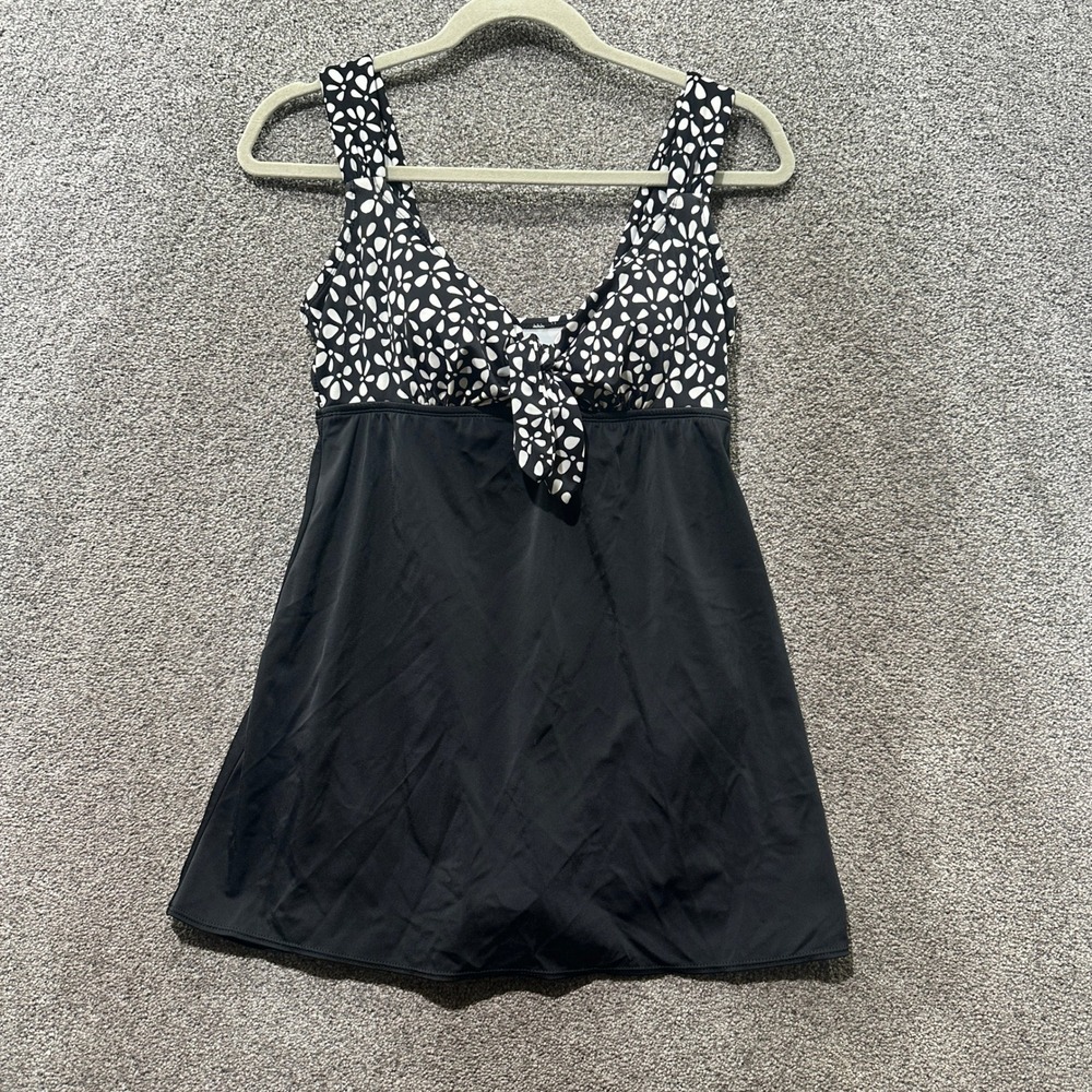 VTG Robby Len Swimdress Size 12 Black White Floral Tie Front One Piece Swimsuit